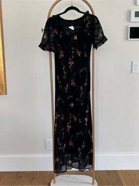 Positive Attitude Black Floral Maxi Dress with Sheer Short Sleeves